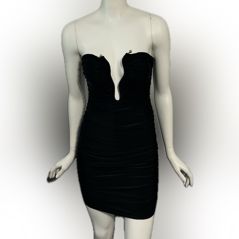 NEW Oh Polly Ruched Black Mini Dress Size‎ 6 Open Neck Party Night Club